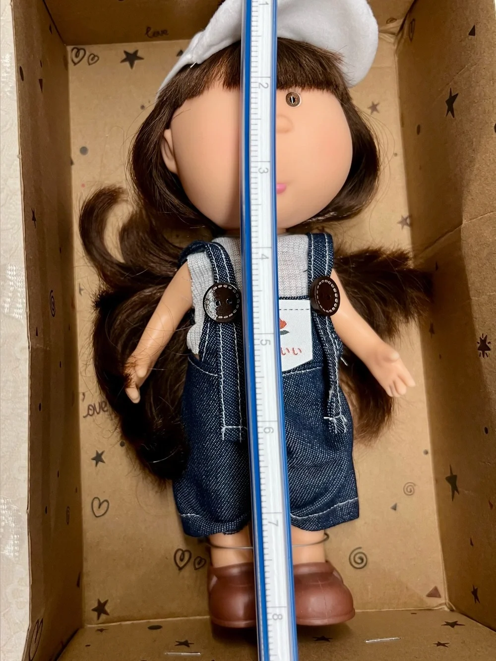 New, Mia Potato Fashion Doll with Brown Hair and White Cap - Cute Jean Overalls
